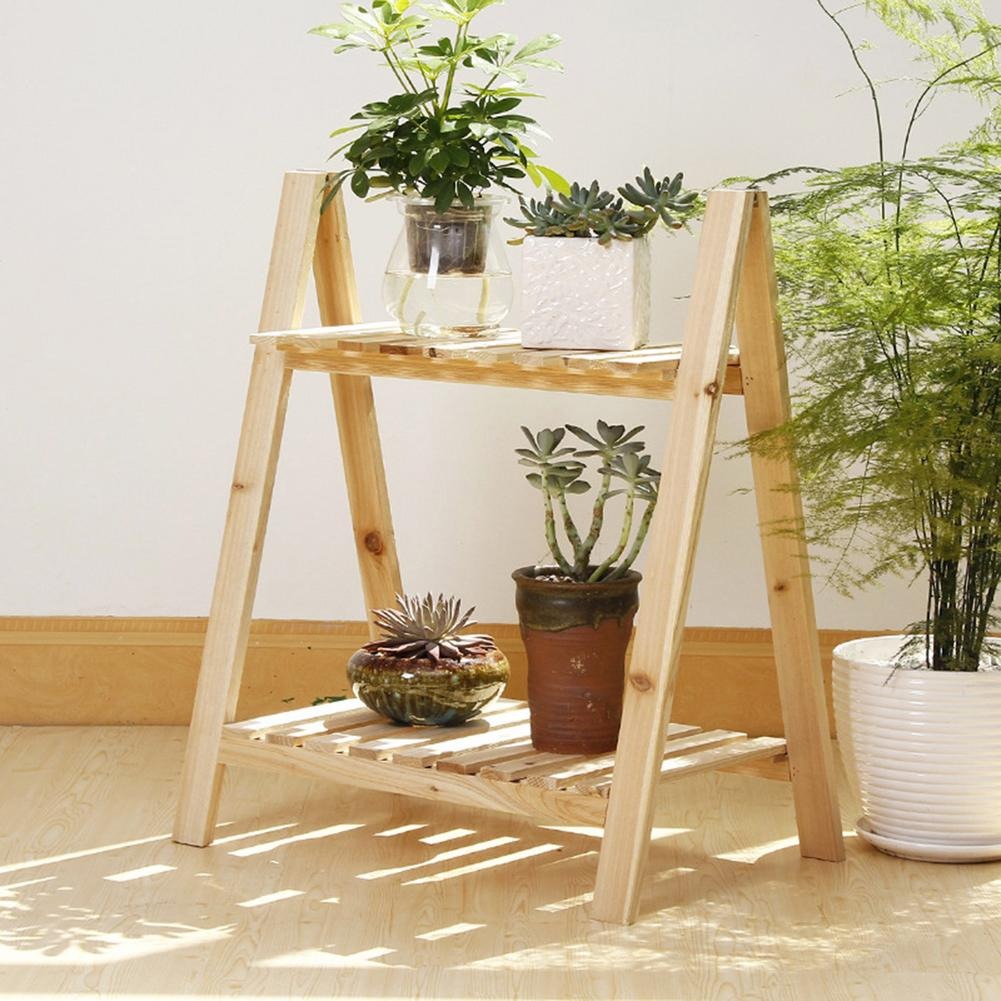 Wooden Plant Stand 2 Tier Foldable Flower Pot Display Shelf Rack Solid Wood Floor Two-layer Storage Balcony Folding Flower Stand