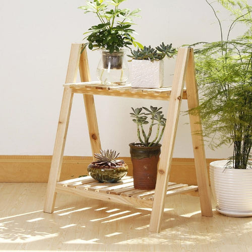 Wooden Plant Stand 2 Tier Foldable Flower Pot Display Shelf Rack Solid Wood Floor Two-layer Storage Balcony Folding Flower Stand
