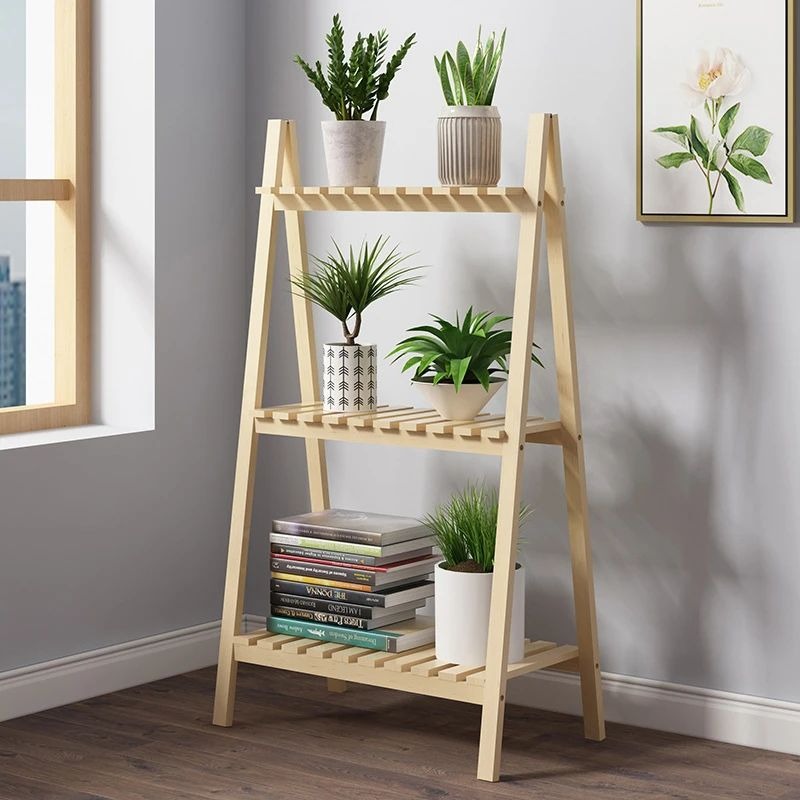 Wooden Plant Stand 2 Tier Foldable Flower Pot Display Shelf Rack Solid Wood Floor Two-layer Storage Balcony Folding Flower Stand
